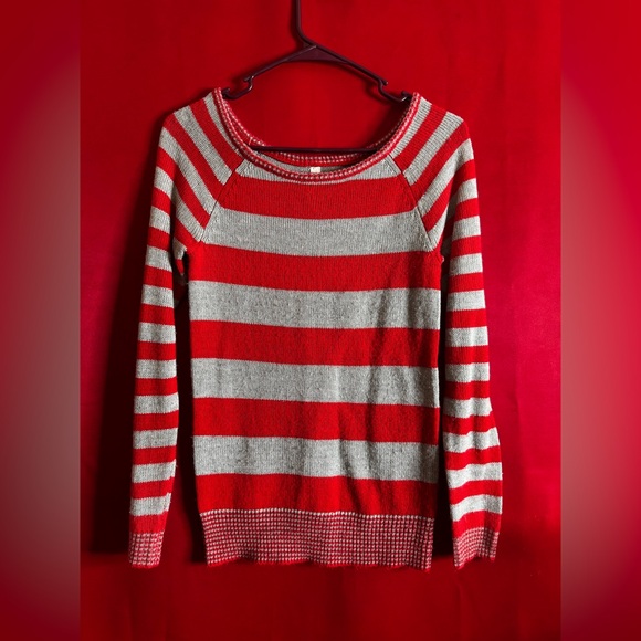 Aeropostale Sweaters - #307-Aeropostale Red/Gray Striped Crewneck Lightweight Sweater Size Small